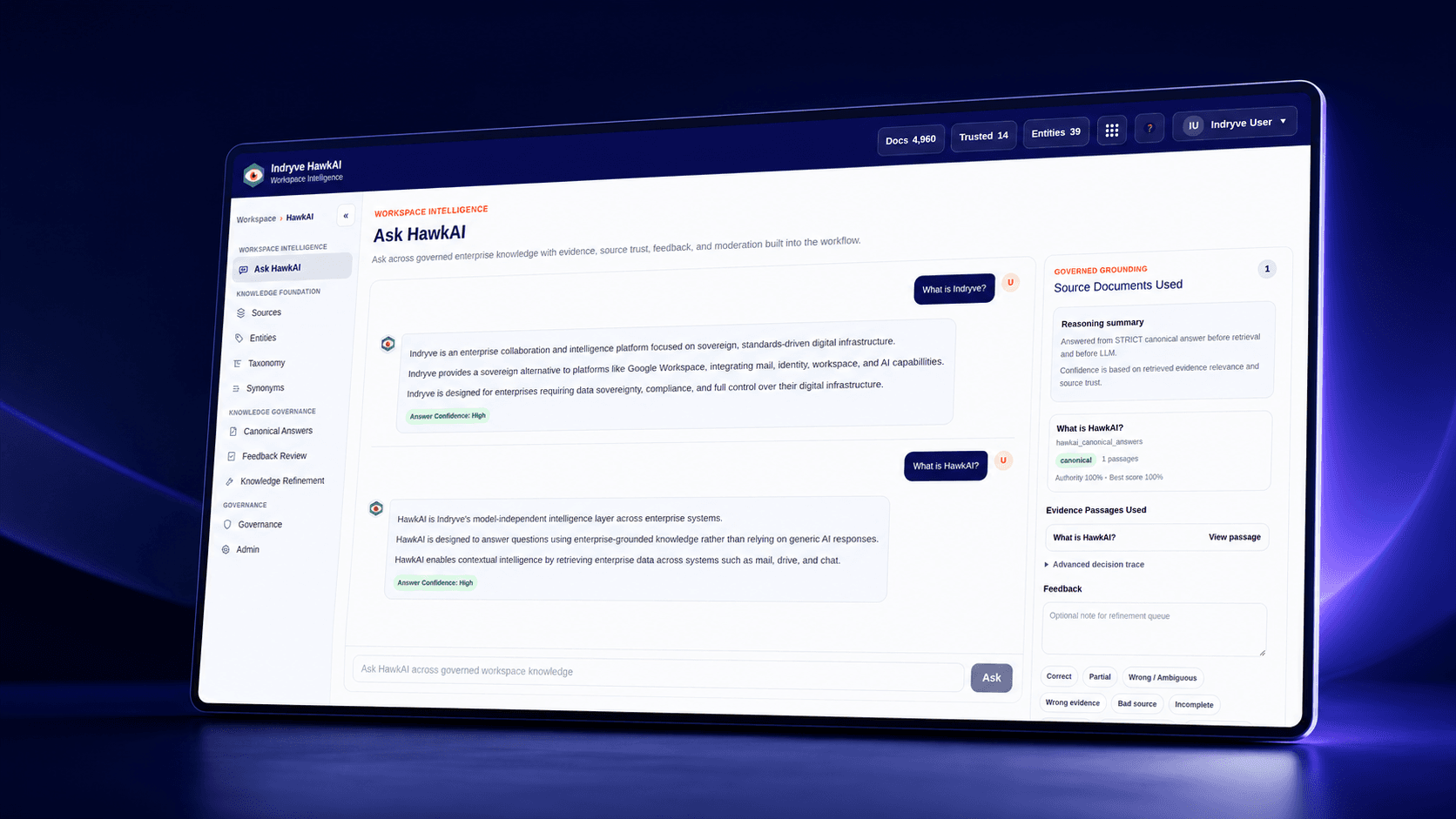 Indryve HawkAI governed enterprise intelligence workspace